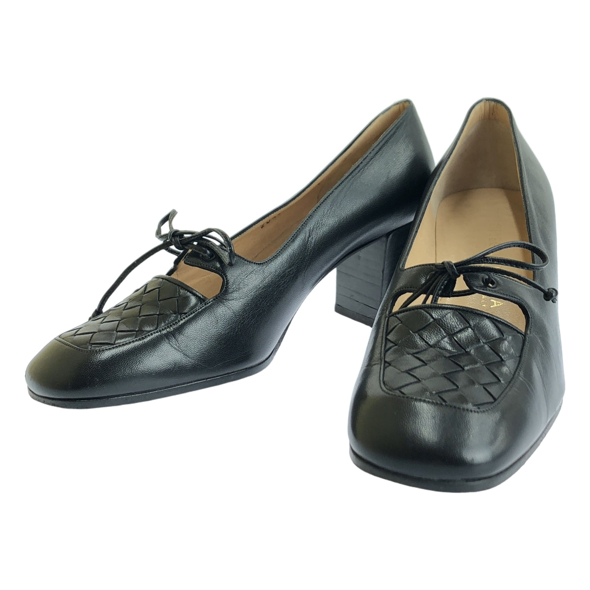 BOTTEGA VENETA / ボッテガヴェネタ | レザー イントレチャート チャンキーヒール パンプス | 35 | ブラック | レディース