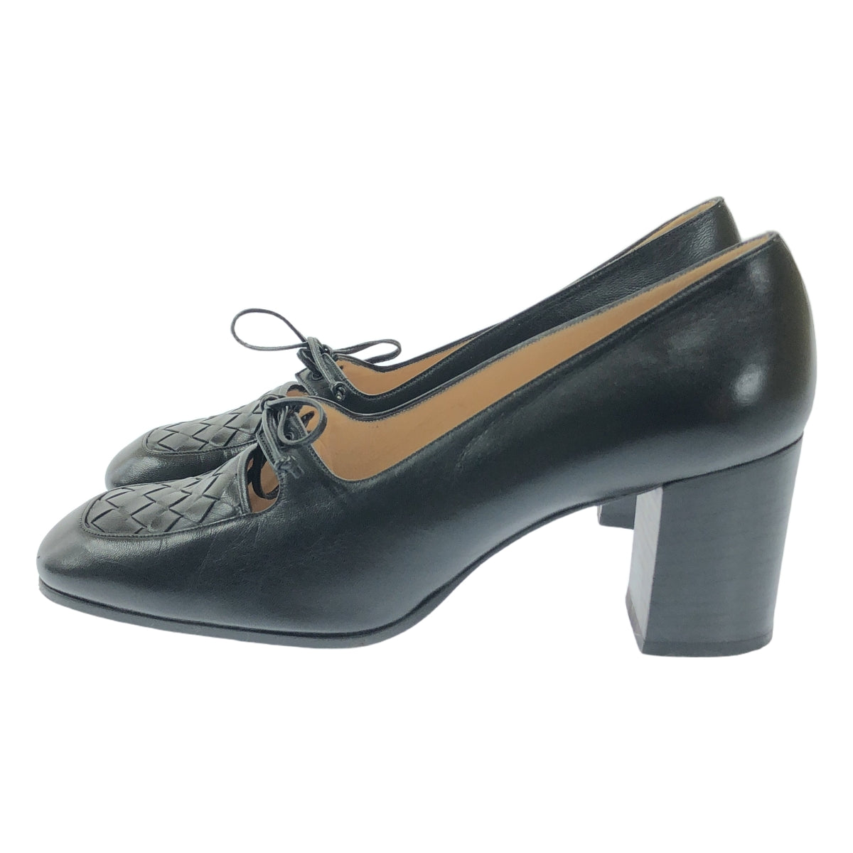 BOTTEGA VENETA / ボッテガヴェネタ | レザー イントレチャート チャンキーヒール パンプス | 35 | ブラック | レディース