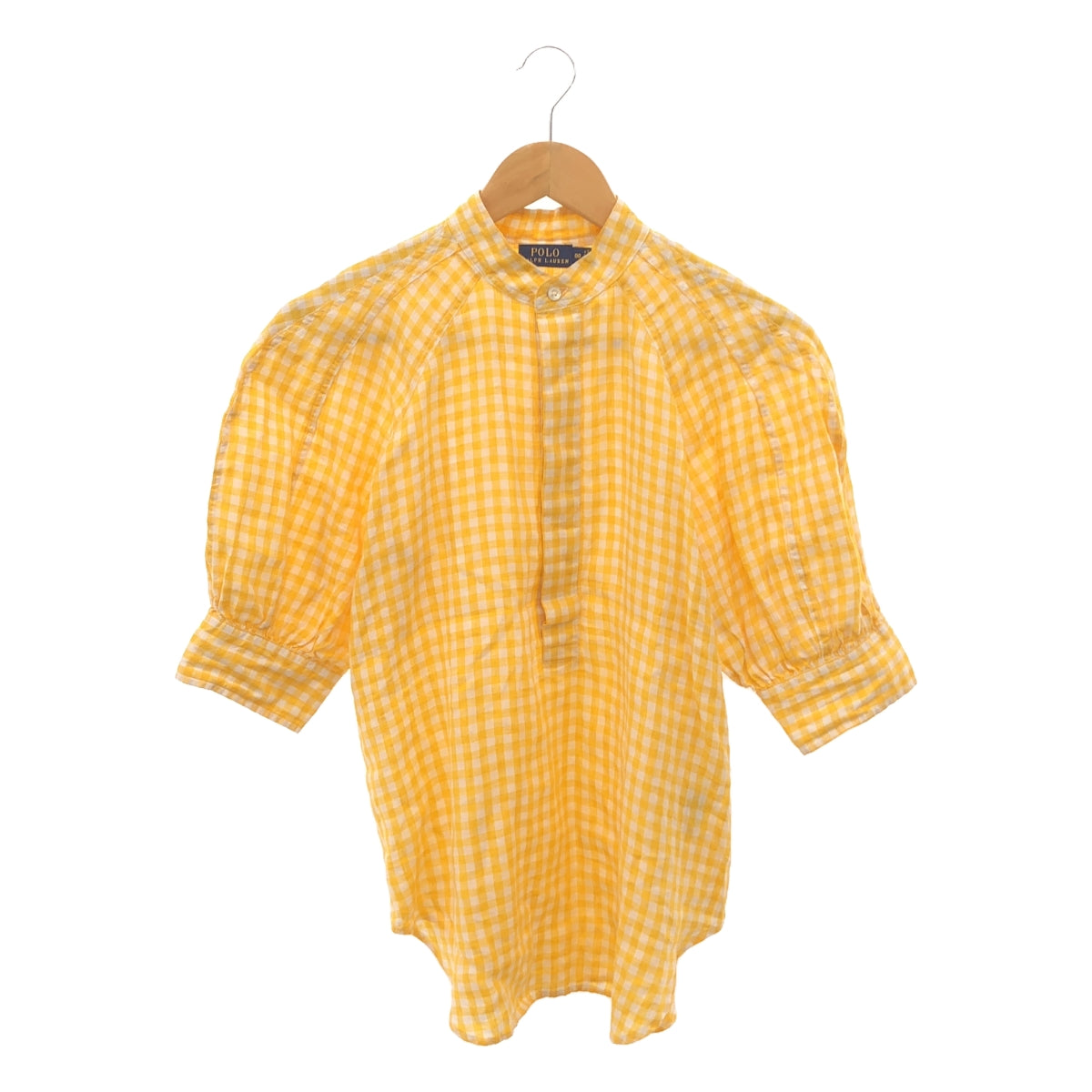 POLO RALPH LAUREN | Gingham Check Linen Puff Sleeve Blouse | 00 | Yellow/White | Women's