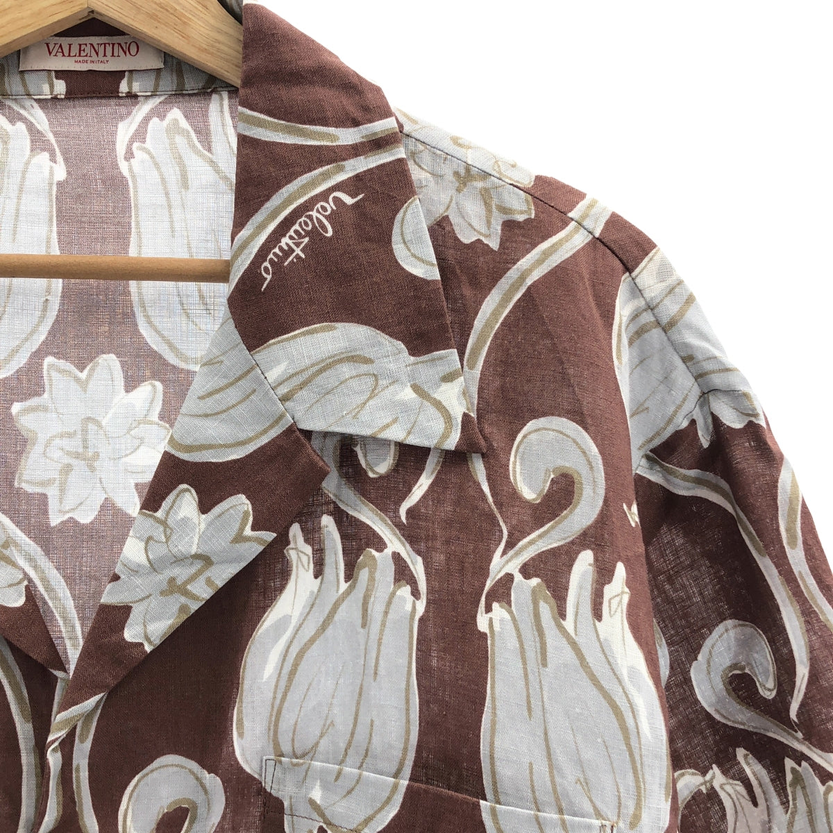 VALENTINO / 발렌티노 | 2024AW | 린넨 플라워 프린트 오픈 컬러 셔츠 | 44 | 남성