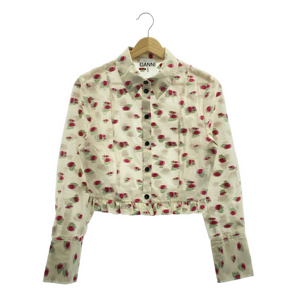 Ganni | 荷葉邊短版透視襯衫 | 尺寸 36 | 米色/紅色 | 女款