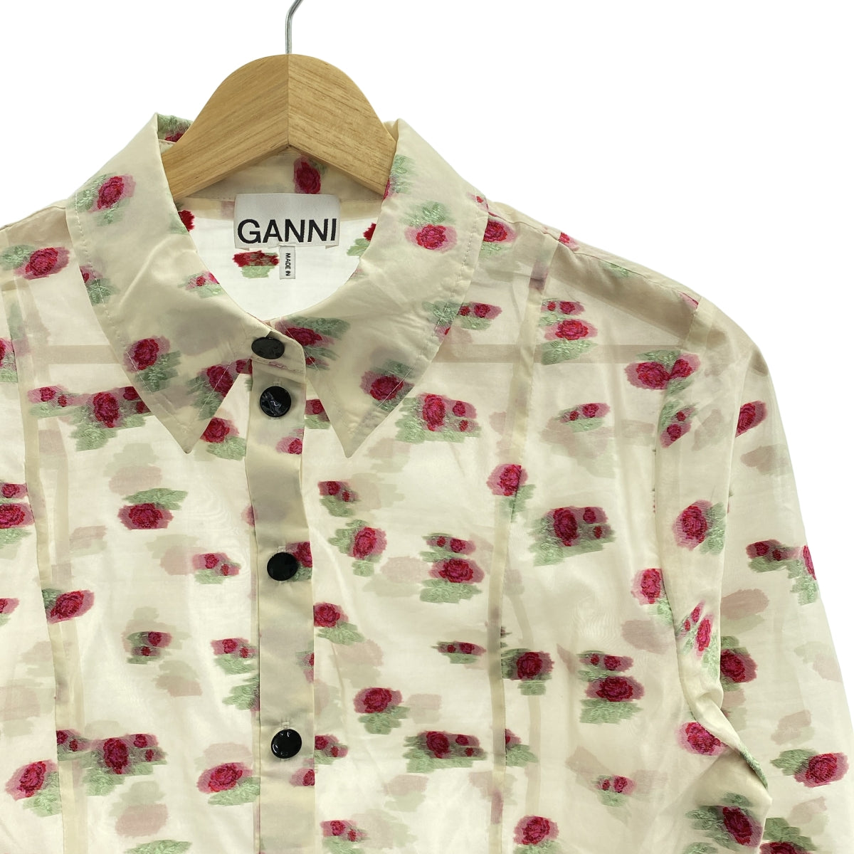 Ganni | 荷葉邊短版透視襯衫 | 尺寸 36 | 米色/紅色 | 女款