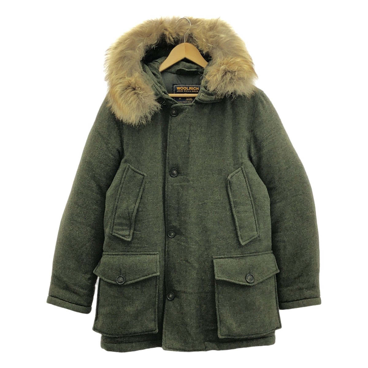 WOOLRICH / ウールリッチ | ウール ツイード ドローストリング オーバー ダウンコート フーディ | S | オリーブ | メンズ