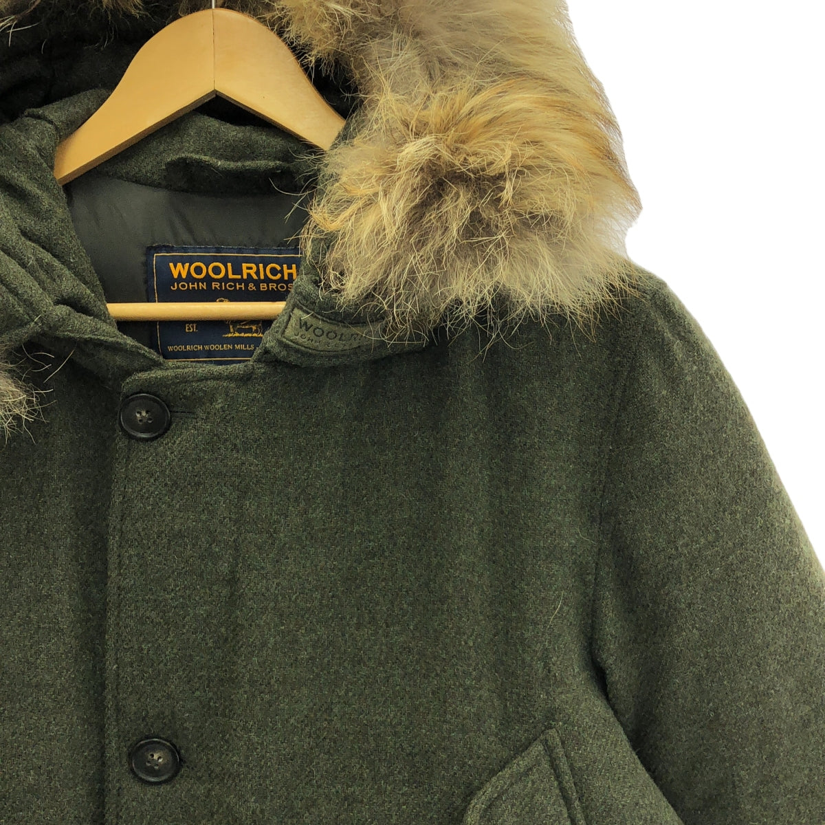 WOOLRICH | 羊毛粗花呢抽繩羽絨連帽衫 | S | 橄欖綠 | 男款