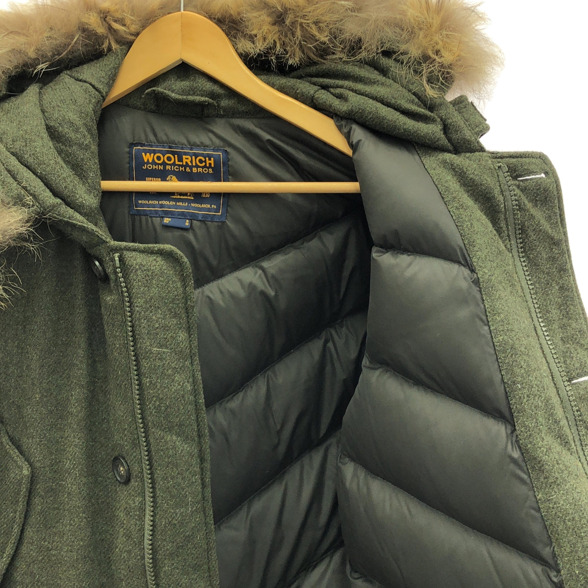 WOOLRICH | 羊毛粗花呢抽繩羽絨連帽衫 | S | 橄欖綠 | 男款