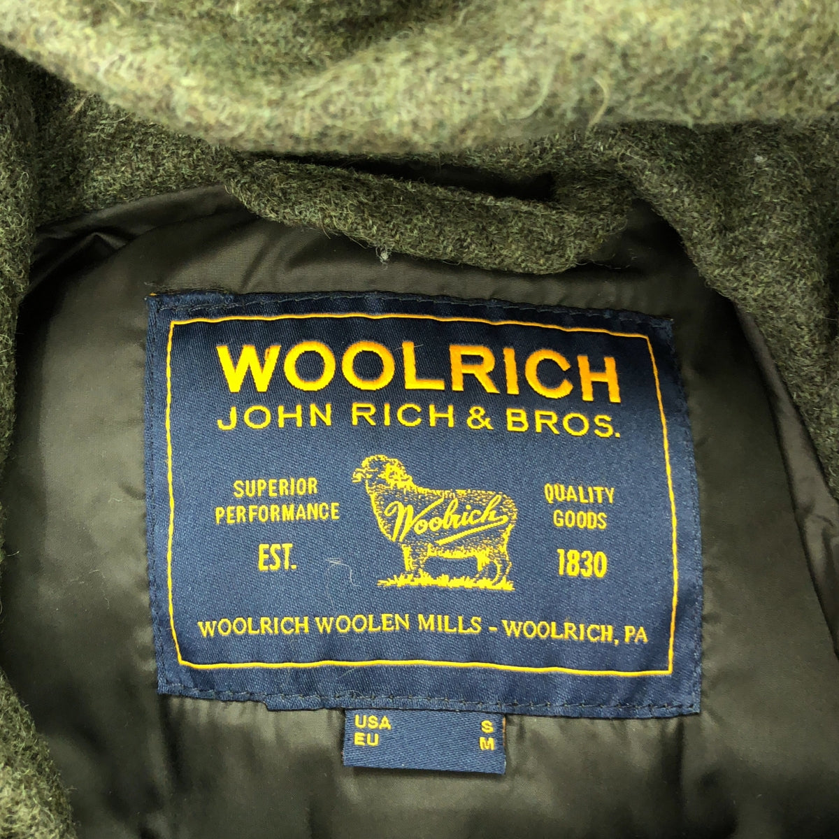 WOOLRICH | 羊毛粗花呢抽繩羽絨連帽衫 | S | 橄欖綠 | 男款