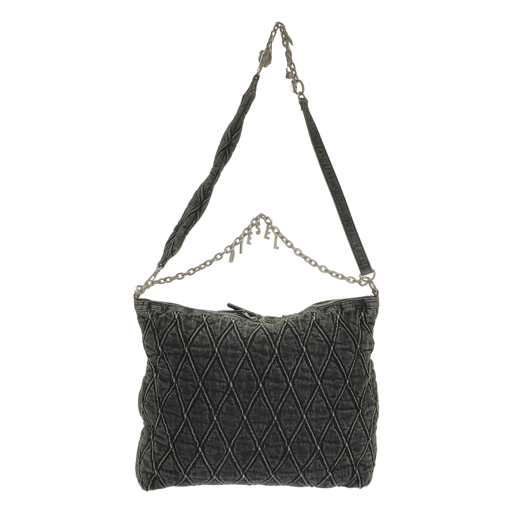 【美品】  DIESEL / ディーゼル | ビジュー装飾チャーム キルティング ブラックデニム チェーンショルダー バッグ / ロゴ総裏地 | チャコールグレー系 | レディース