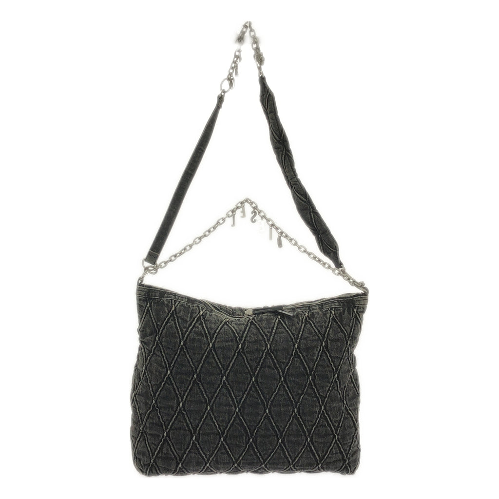 【美品】  DIESEL / ディーゼル | ビジュー装飾チャーム キルティング ブラックデニム チェーンショルダー バッグ / ロゴ総裏地 | チャコールグレー系 | レディース