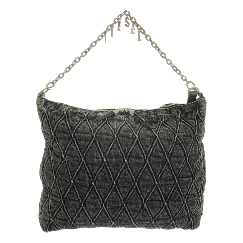 【美品】  DIESEL / ディーゼル | ビジュー装飾チャーム キルティング ブラックデニム チェーンショルダー バッグ / ロゴ総裏地 | チャコールグレー系 | レディース