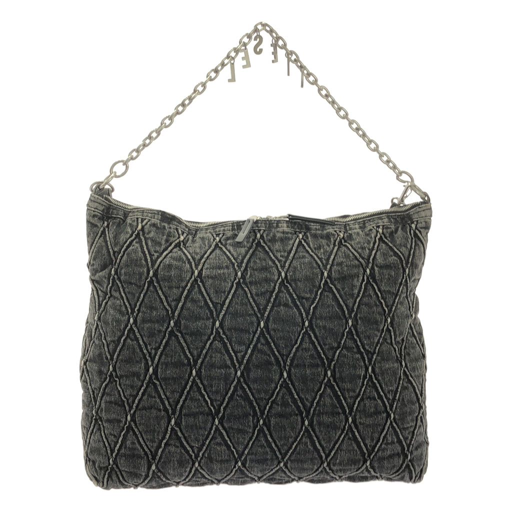 【美品】  DIESEL / ディーゼル | ビジュー装飾チャーム キルティング ブラックデニム チェーンショルダー バッグ / ロゴ総裏地 | チャコールグレー系 | レディース