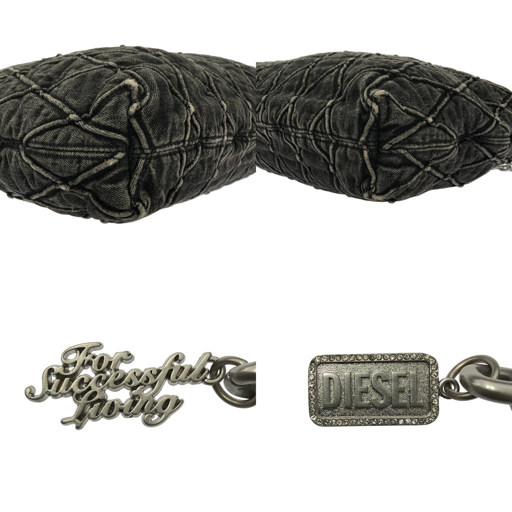 【美品】  DIESEL / ディーゼル | ビジュー装飾チャーム キルティング ブラックデニム チェーンショルダー バッグ / ロゴ総裏地 | チャコールグレー系 | レディース