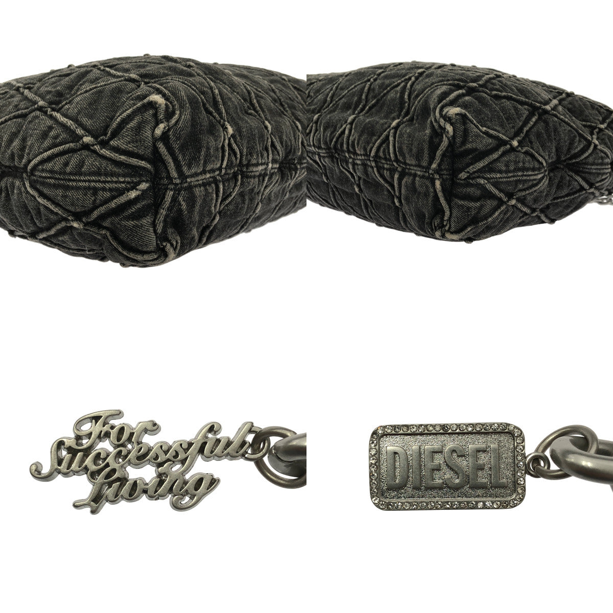【美品】  DIESEL / ディーゼル | ビジュー装飾チャーム キルティング ブラックデニム チェーンショルダー バッグ / ロゴ総裏地 | チャコールグレー系 | レディース