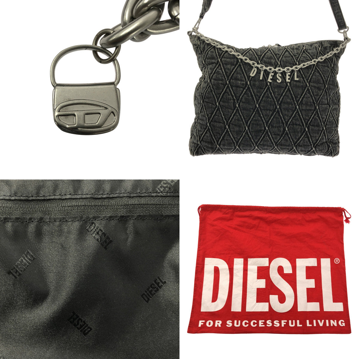 【美品】  DIESEL / ディーゼル | ビジュー装飾チャーム キルティング ブラックデニム チェーンショルダー バッグ / ロゴ総裏地 | チャコールグレー系 | レディース