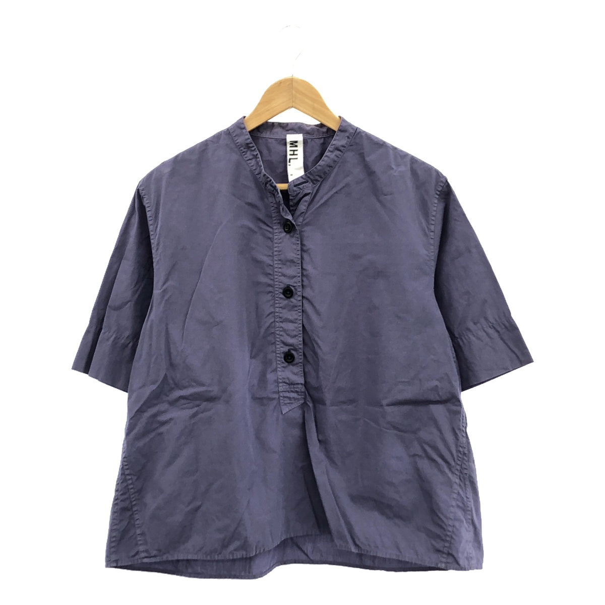 MHL. / MHL Margaret Howell | 2024SS | GARMENT DYE COTTON POPLIN band collar pullover short sleeve blouse | 2 | Navy | Women's