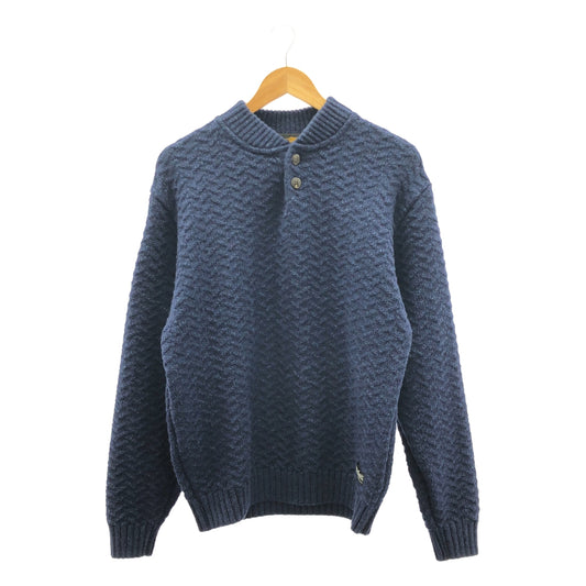 CALEE | HENLEY NECK HERRINGBONE KNIT SWEATER | Shetland wool Henley neck herringbone knit sweater | L | Navy | Men's