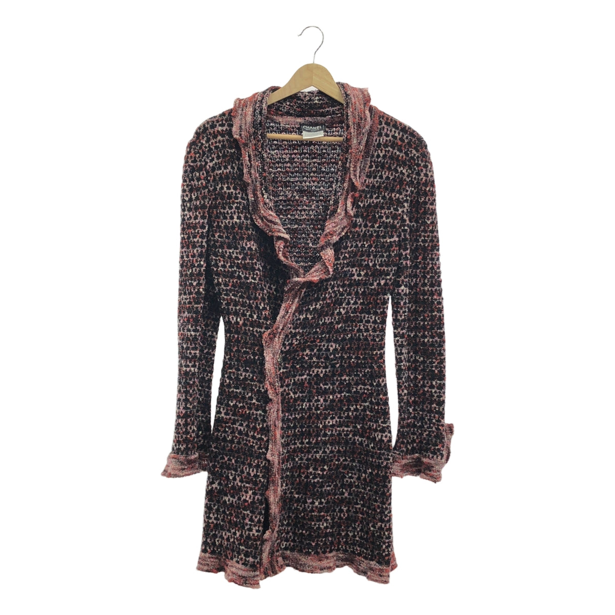 香奈兒 | 90 年代~ / 1997AW Coco Mark 紐扣荷葉邊開襟針織外套 | 38 | 波爾多紅/粉紅色/黑色 | 女款