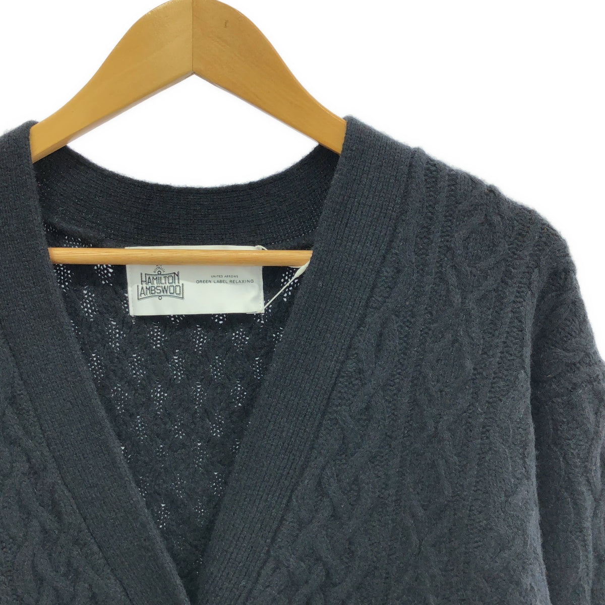 【新品】  UNITED ARROWS green label relaxing / ユナイテッド アローズ グリーン レーベル リラクシング | × HAMILTON アラン Vネック ニット カーディガン | F | ネイビー | レディース