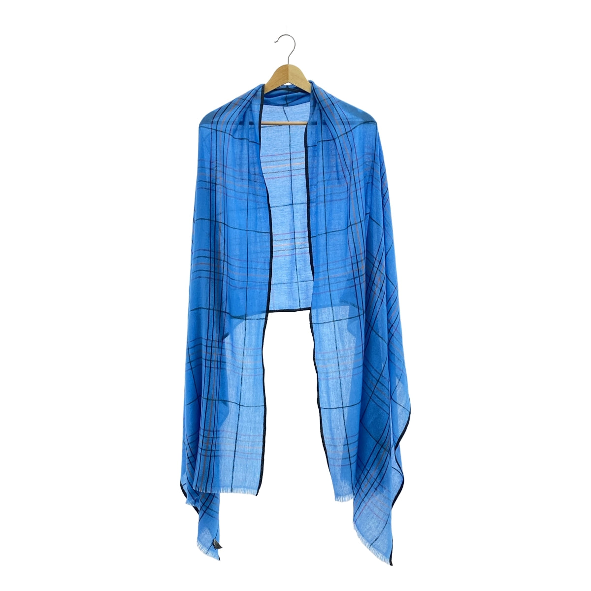 【美品】  denis colomb / デニスコロン | カシミヤ チェック 大判 フリンジ ストール | ライトブルー
