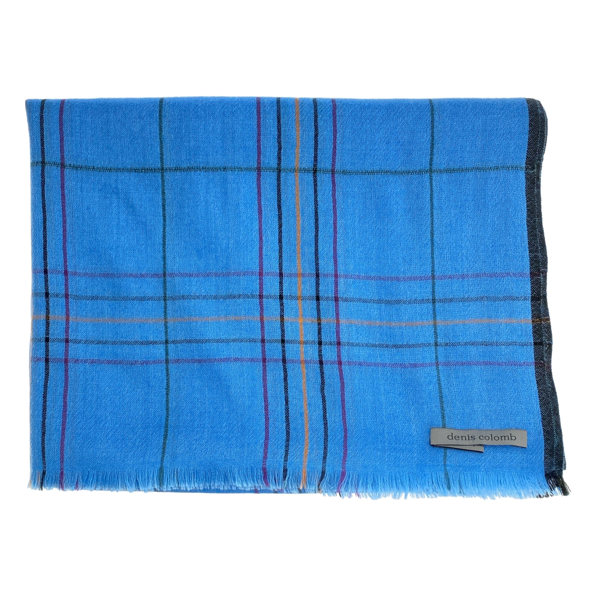 【美品】  denis colomb / デニスコロン | カシミヤ チェック 大判 フリンジ ストール | ライトブルー