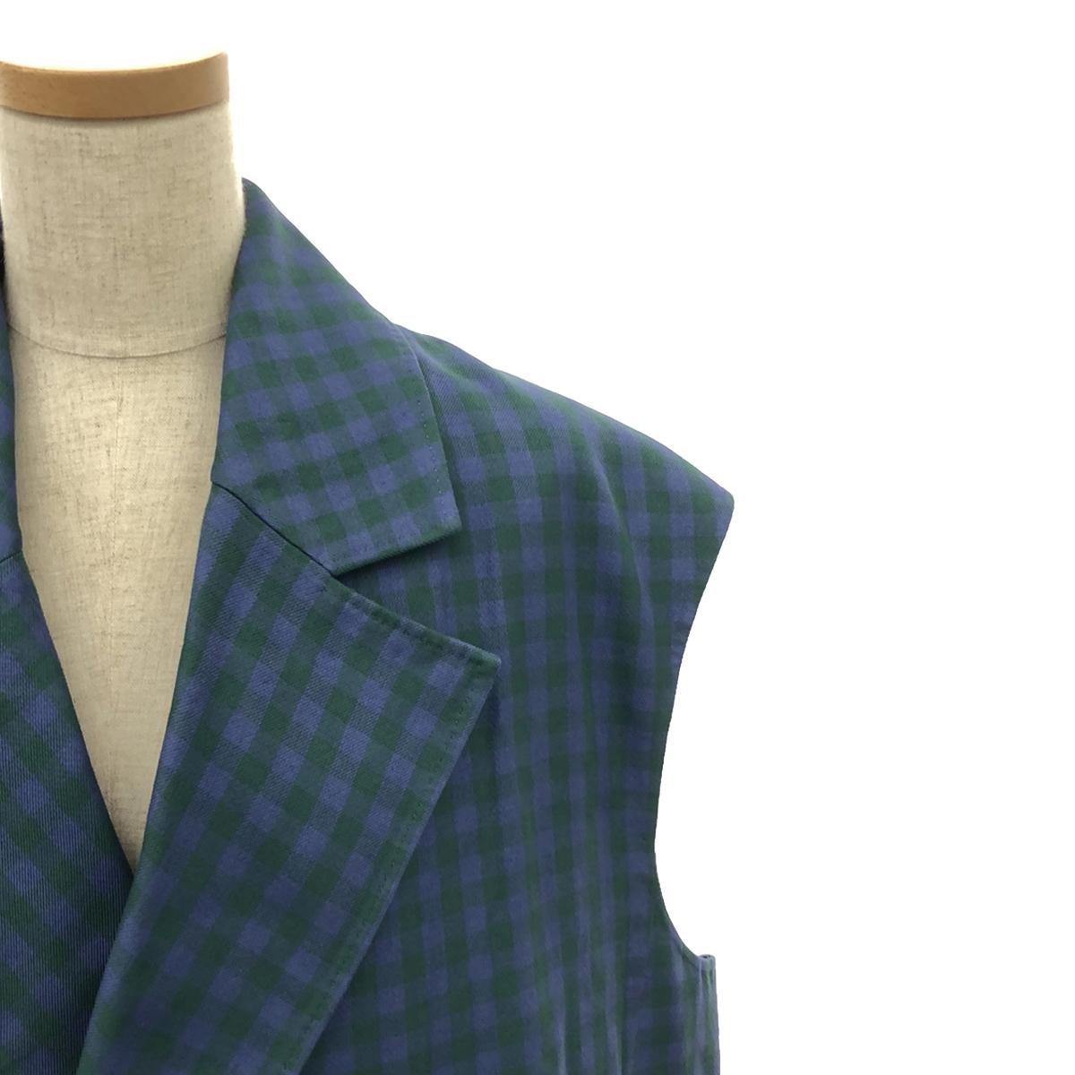 [New] BLAMINK | Gingham Check Cotton Gilet Coat | Size 36 | Blue/Green | Women's