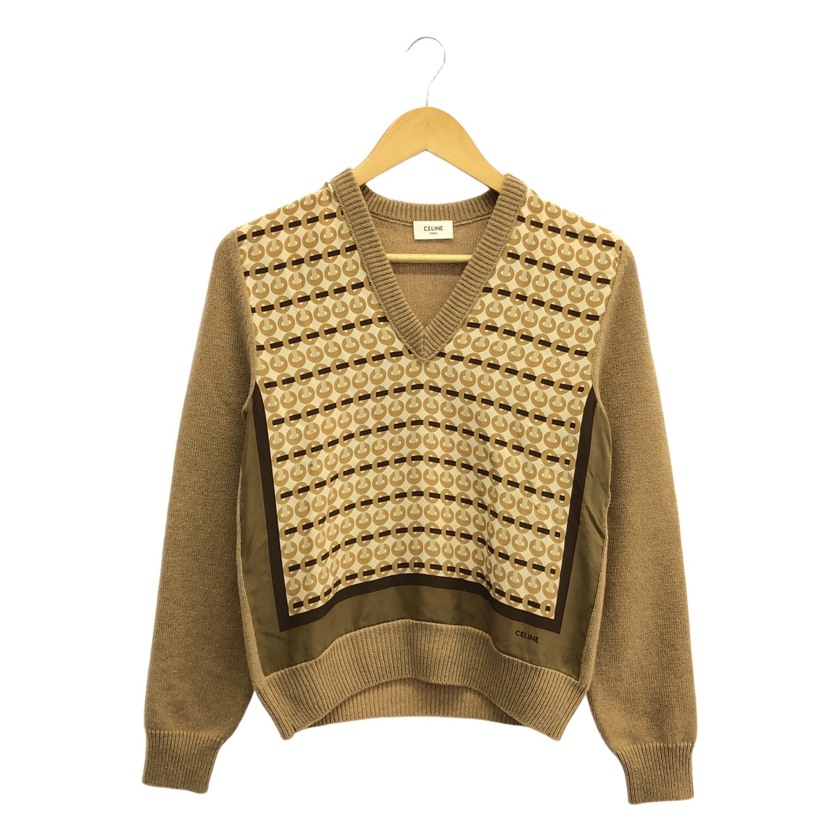 【美品】  CELINE / セリーヌ | 2020SS | シルク切替 Vネック カシミヤニット | XS | キャメル / マルチカラー | レディース