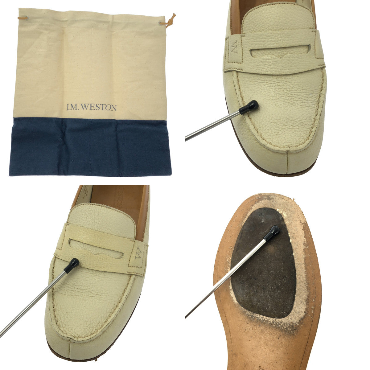 JM WESTON | 凡爾賽 Panna 和金色 Boxcalf 皮革硬幣樂福鞋 | 尺寸 5/E | 象牙色 | 女款