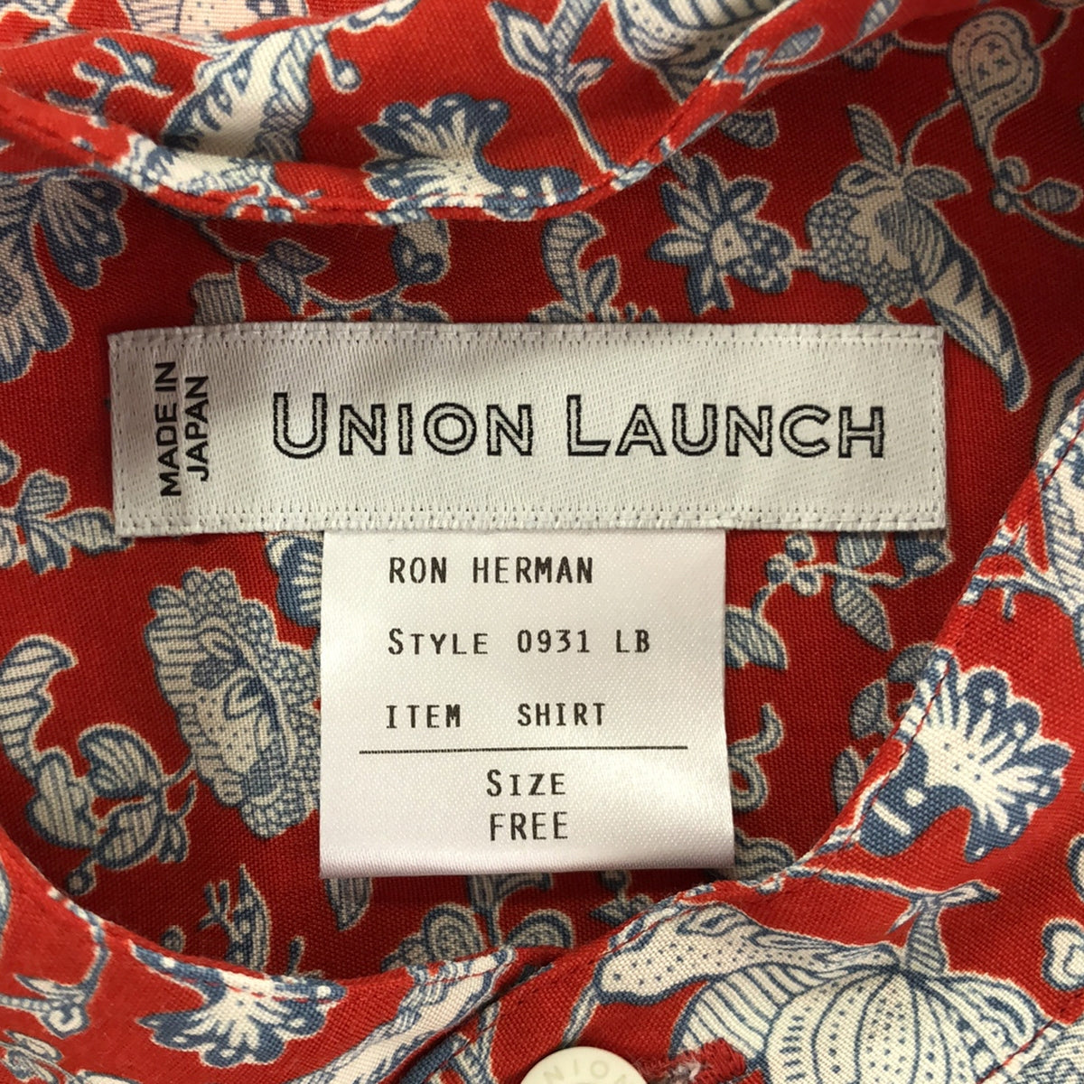 美品】 UNION LAUNCH / ユニオンランチ | × Ron Herman ロンハーマン別注 フラワー柄 バンドカラーシャツ | – KLD