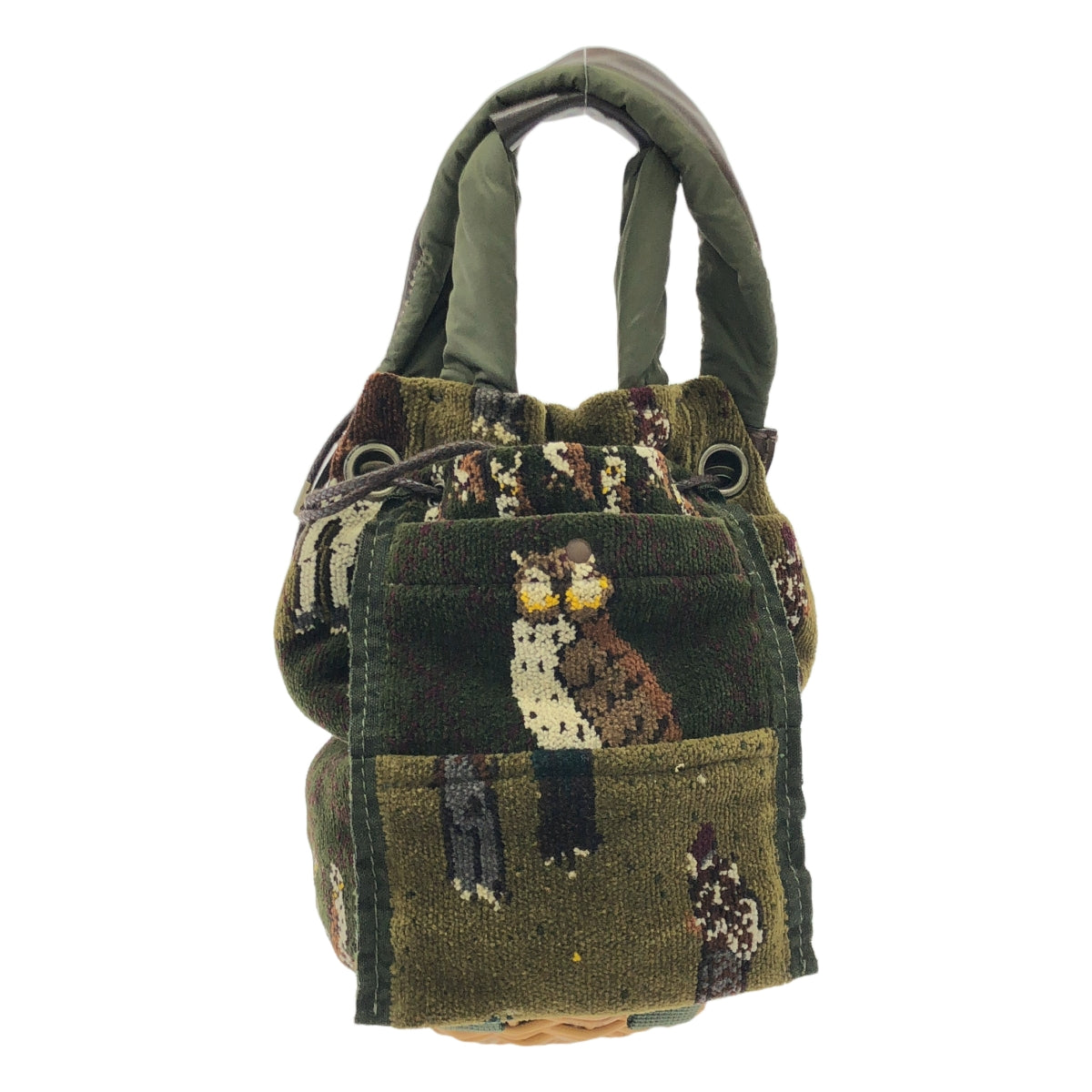 【美品】  ebagos / エバゴス | 2020AW | Danro to takibi / レザー切替 シェニール織り 紅籐 巾着型 シェニール かごバッグ | ダークグリーン | レディース