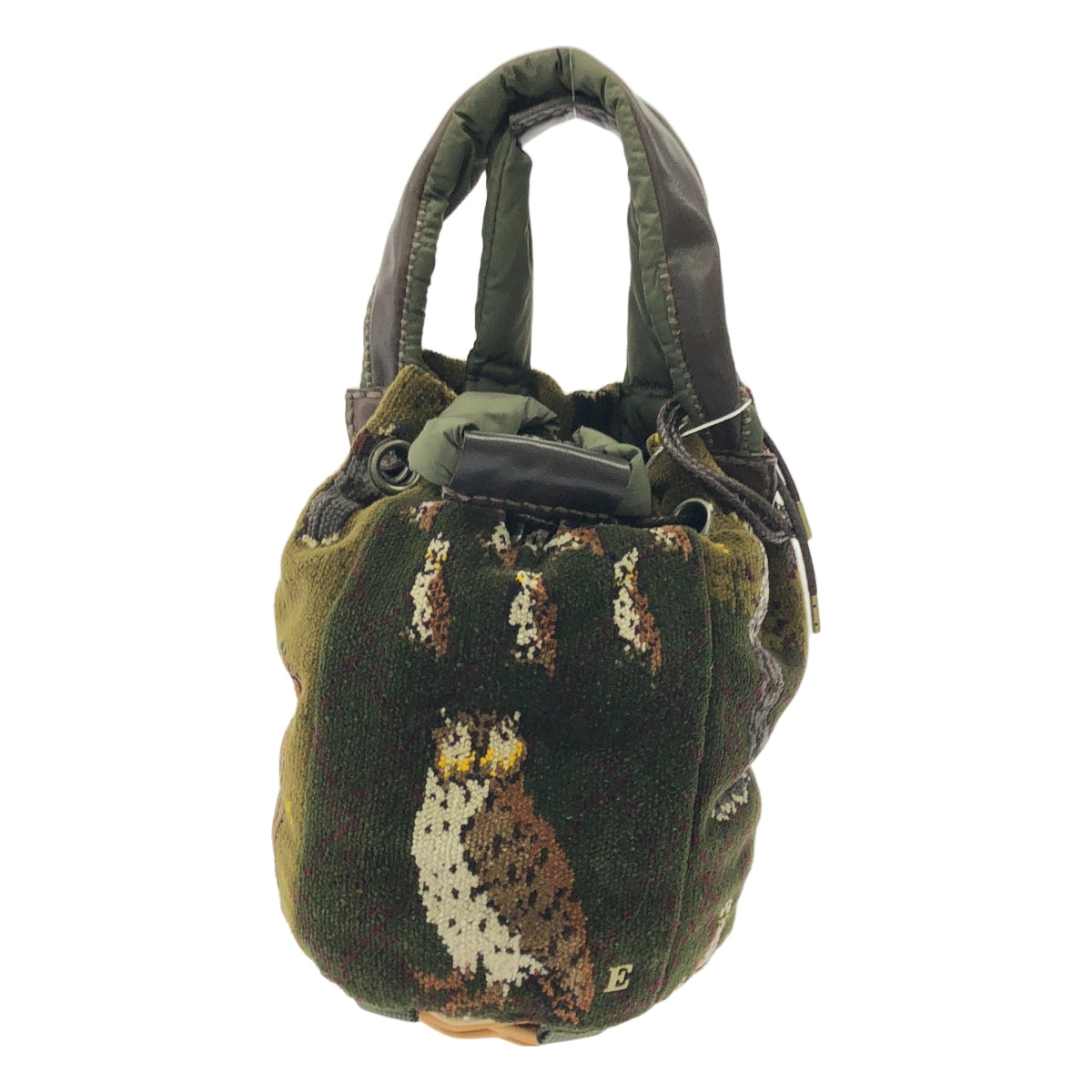 【美品】  ebagos / エバゴス | 2020AW | Danro to takibi / レザー切替 シェニール織り 紅籐 巾着型 シェニール かごバッグ | ダークグリーン | レディース