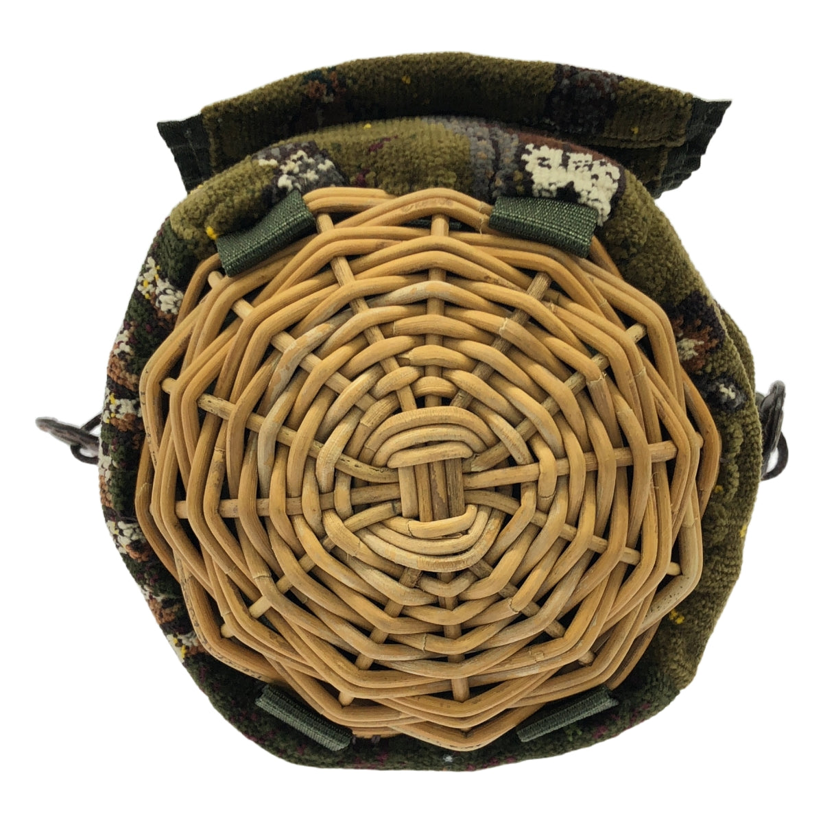 【美品】  ebagos / エバゴス | 2020AW | Danro to takibi / レザー切替 シェニール織り 紅籐 巾着型 シェニール かごバッグ | ダークグリーン | レディース