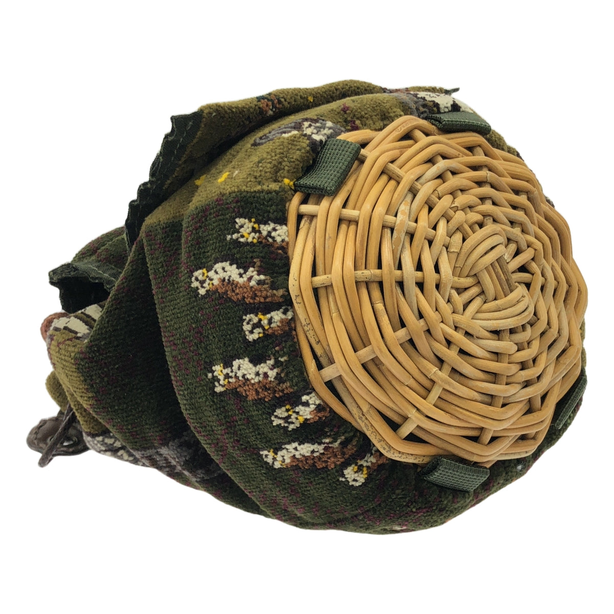 【美品】  ebagos / エバゴス | 2020AW | Danro to takibi / レザー切替 シェニール織り 紅籐 巾着型 シェニール かごバッグ | ダークグリーン | レディース