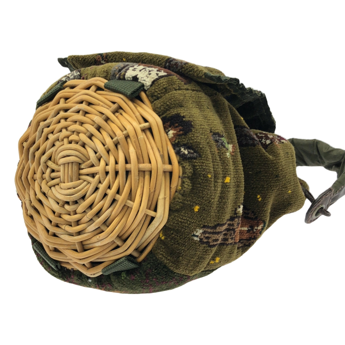 【美品】  ebagos / エバゴス | 2020AW | Danro to takibi / レザー切替 シェニール織り 紅籐 巾着型 シェニール かごバッグ | ダークグリーン | レディース