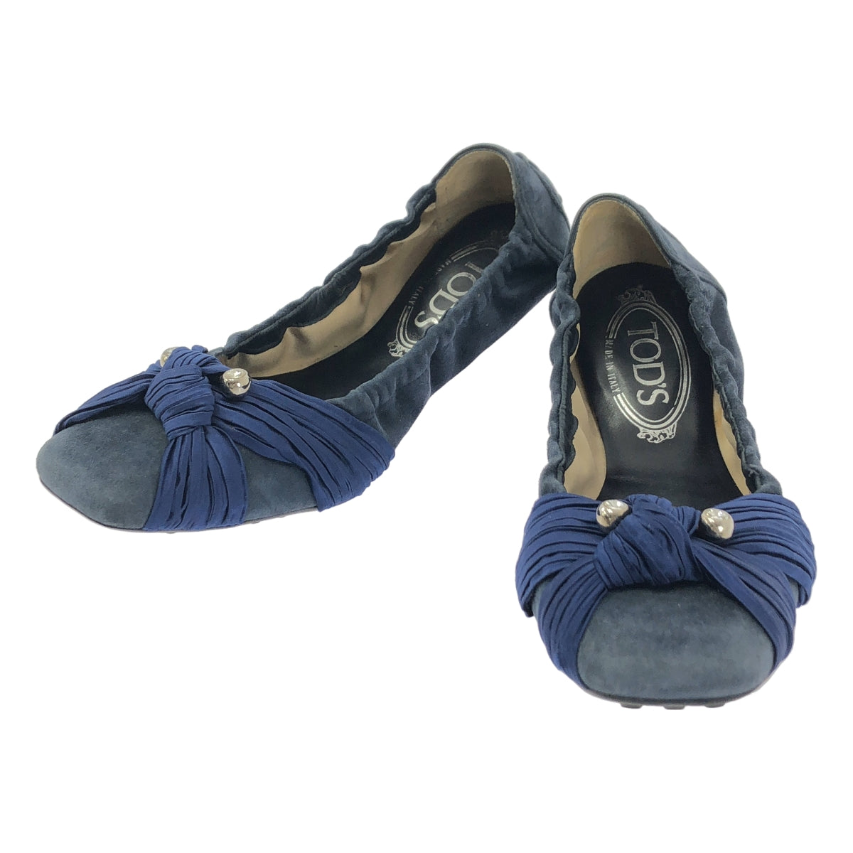 TOD'S / トッズ | スエード レザー ビジュー装飾 リボン ワンポイントロゴ バレエシューズ | 37 1/2 | ネイビー | レディース