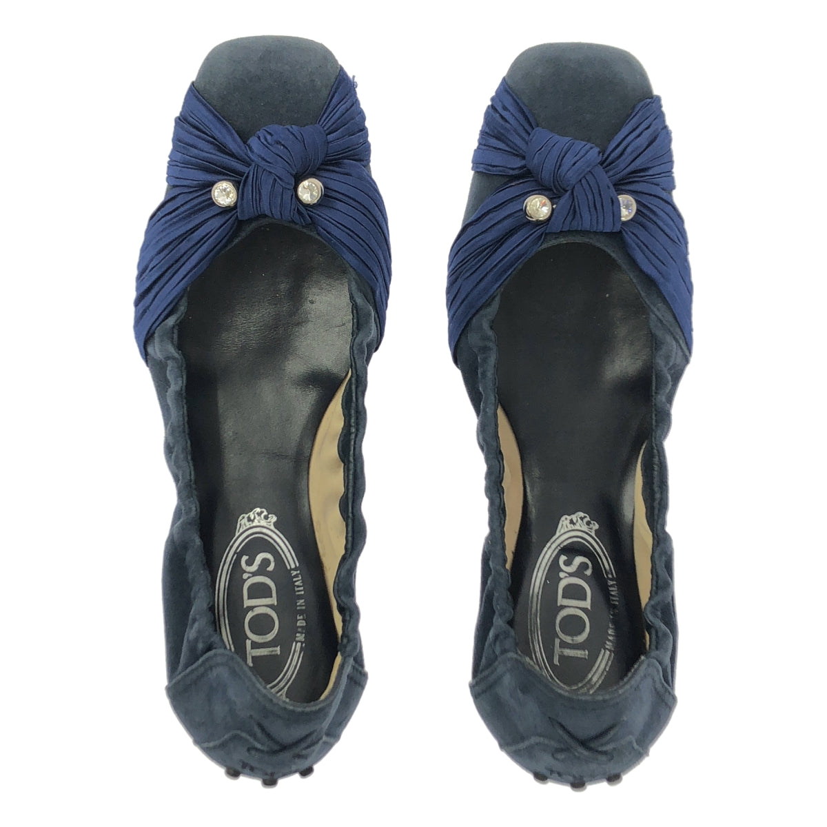 TOD'S / トッズ | スエード レザー ビジュー装飾 リボン ワンポイントロゴ バレエシューズ | 37 1/2 | ネイビー | レディース