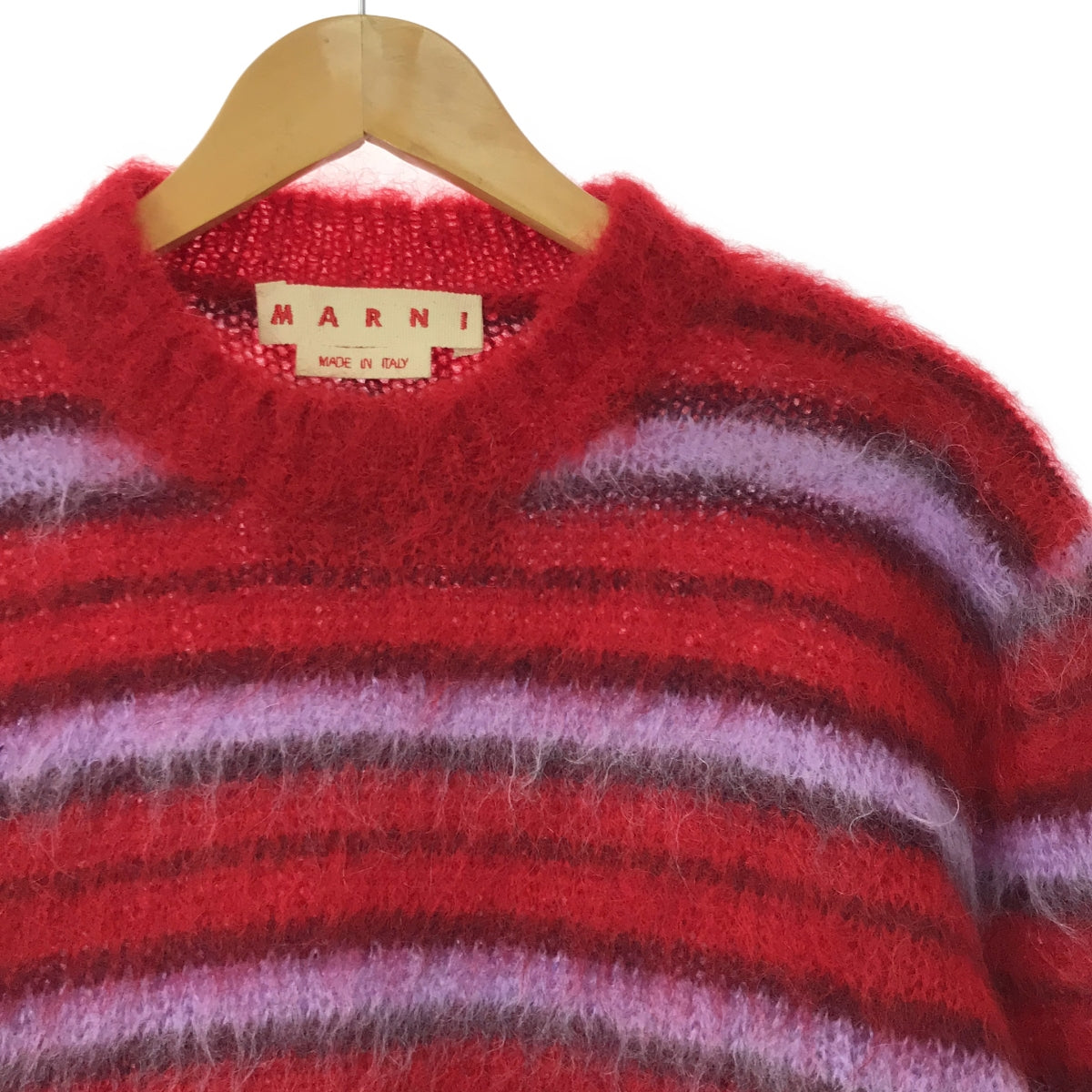 [Good Condition] MARNI | 2021AW | Fuzzy Wuzzy MOHAIR Brushed Mohair Border Crew Neck Knit | 40 | Red / Purple | Women's