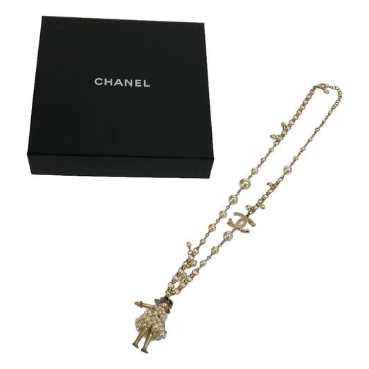 [Good Condition] CHANEL | 2015 Spring Collection 15P Coco Mark Mademoiselle Pearl Dress Doll Necklace | White/Gold | Women's