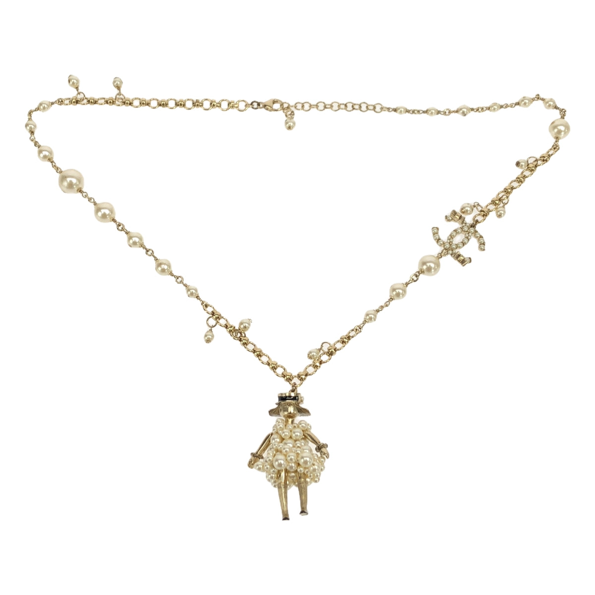 【美品】  CHANEL / シャネル | 2015スプリングコレクション 15P ココマーク マドモワゼル パールドレス ドール ネックレス | ホワイト / ゴールド | レディース