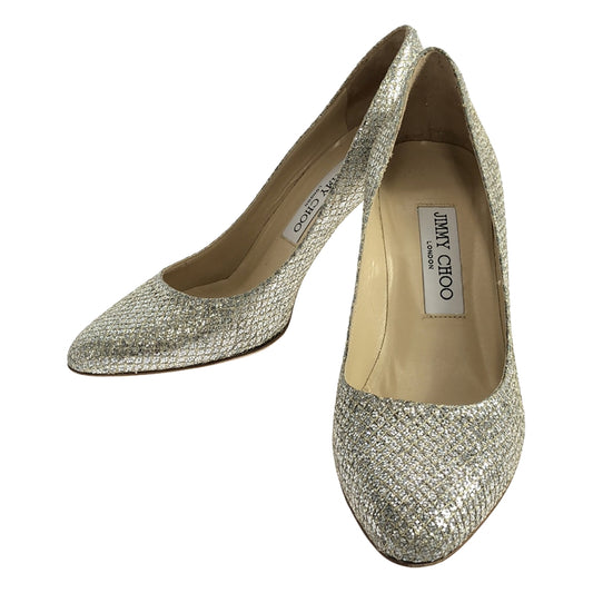 JIMMY CHOO | Romy 85 Champagne Coarse Glitter Fabric Pointed Toe Pumps | 37 1/2 | Silver | Women's