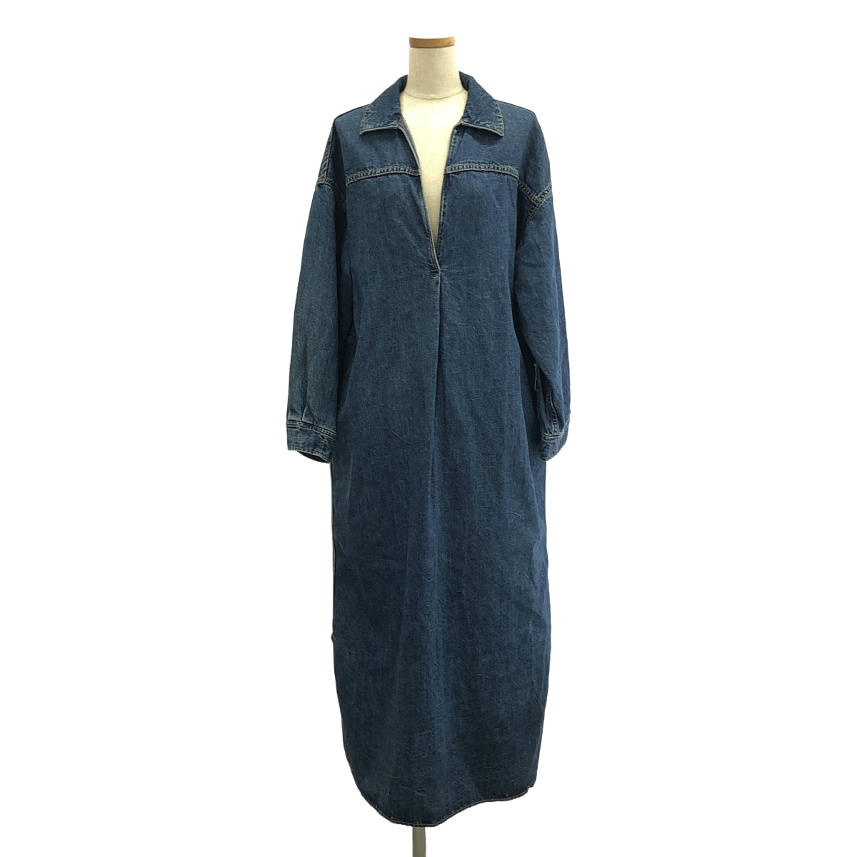 SACRA / サクラ | コットンリネンデニム スキッパーワンピース | 38 | インディゴ | レディース