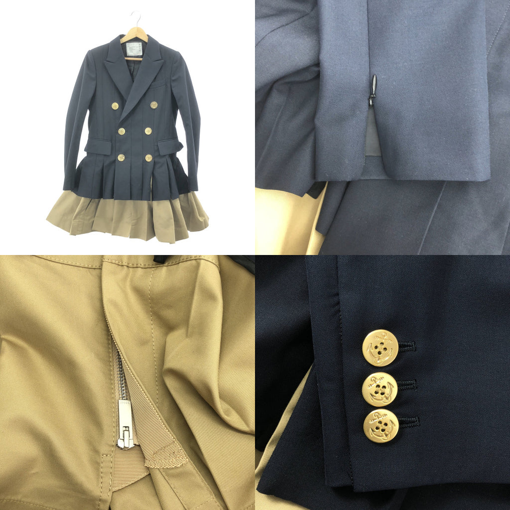 [近全新] sacai | 2023 秋冬 | 西裝 x 棉質華達呢外套 / 混合材質多層西裝外套 | 尺寸 1 | 深海軍藍 | 女款