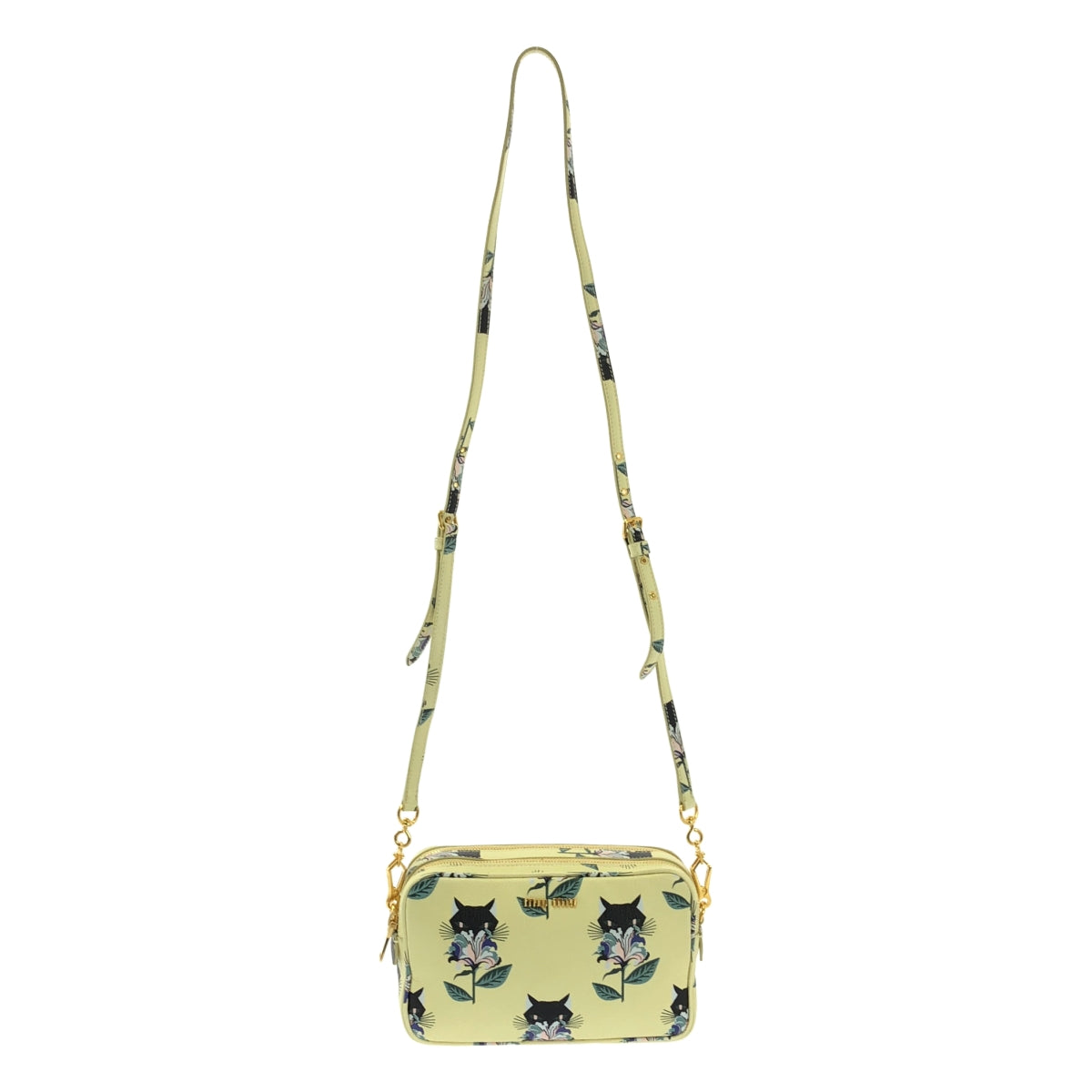 [狀況極佳] Miu Miu | 馬德拉斯印花貓咪印花單肩包 | 淺黃色 | 女款