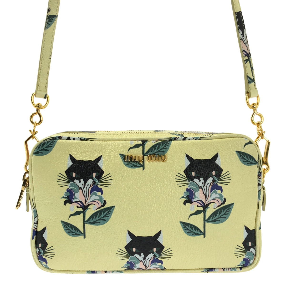 [狀況極佳] Miu Miu | 馬德拉斯印花貓咪印花單肩包 | 淺黃色 | 女款