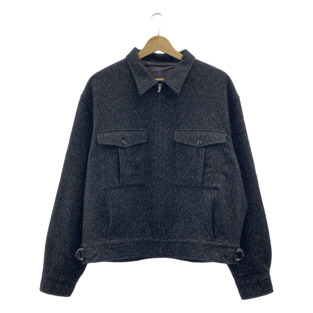 [近新] URU | 2024 秋冬 | 拉鍊寬鬆羊毛絲質混紡外套 | 2 碼 | 黑色 | 男款