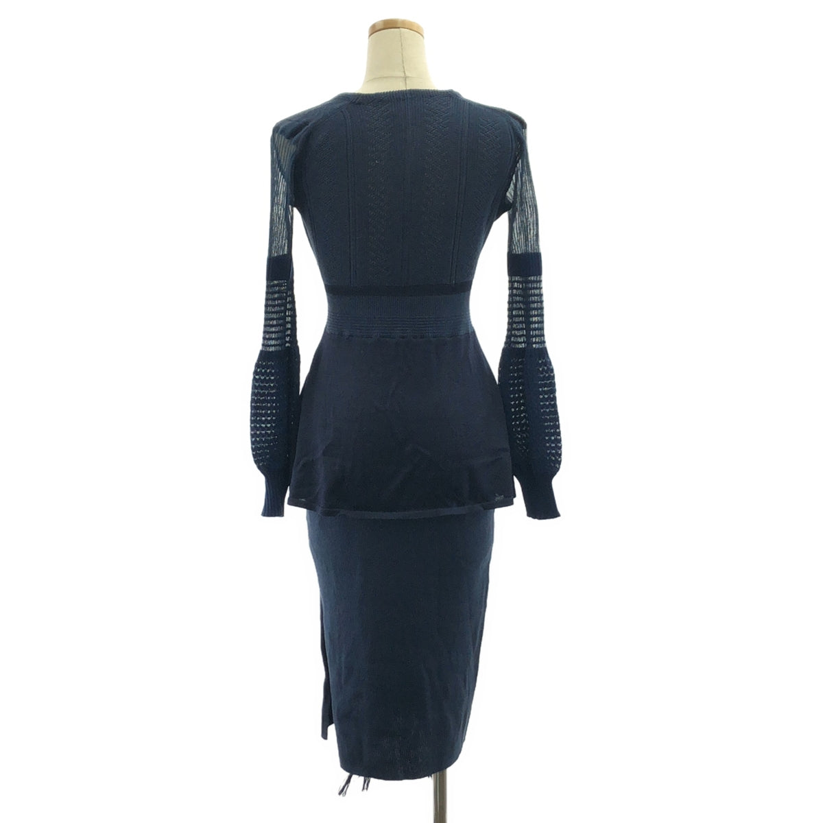 Mame Kurogouchi / 마메쿠로고우치 | Mixed Rib Knit Peplum Dress 리브 니트 V 넥 드레스 원피스 | 2 | 네이비 |