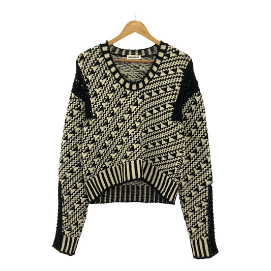 [Good Condition] JIL SANDER | Geometric Pattern Jumper Knit | Cotton Geometric Knit Pullover | Size 34 | Black/Off-White | Women's