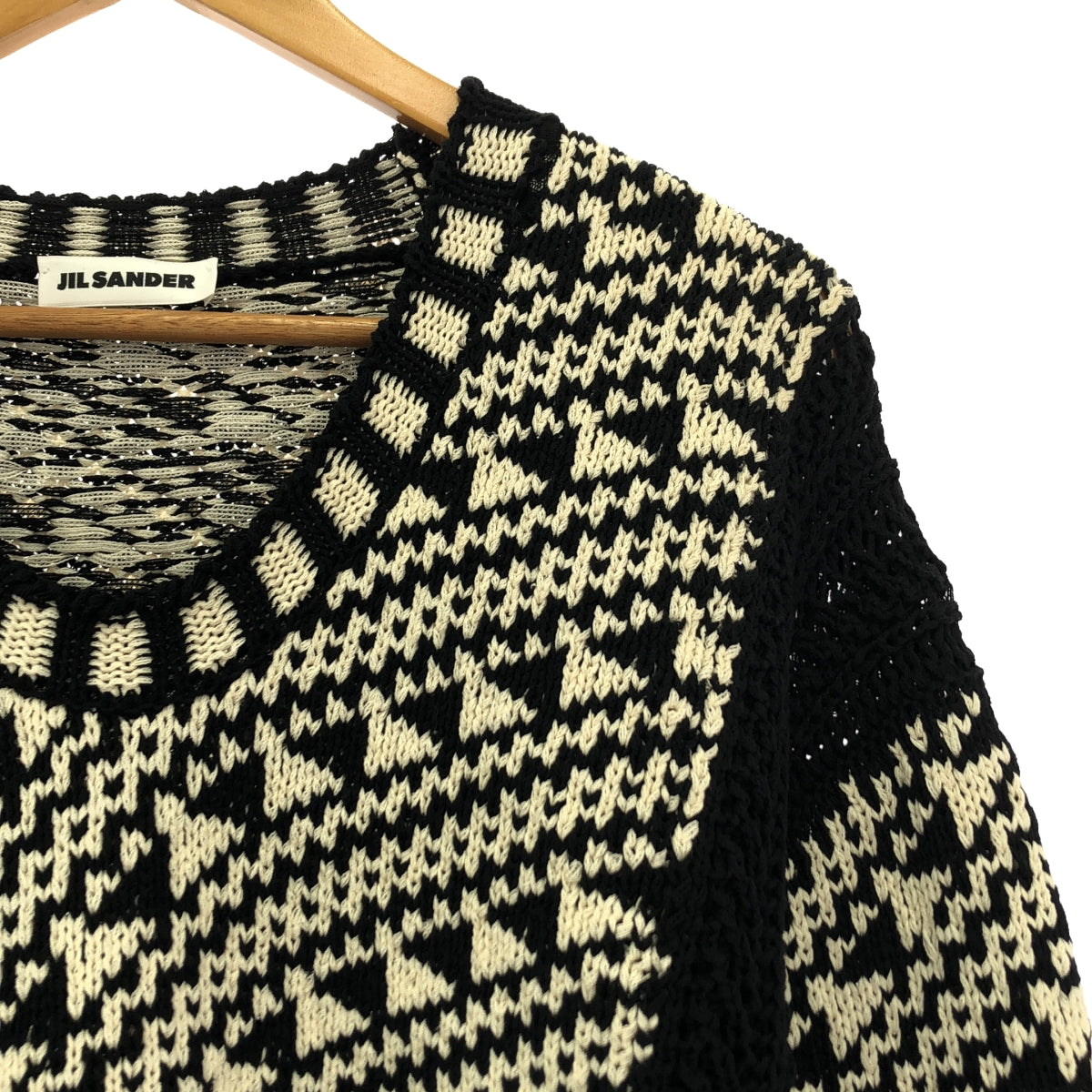 【미품】 JIL SANDER / 질 썬더 | Geometric Pattern Jumper Knit / 코튼 지오메트릭 니트 풀오버 | 34 | 블랙 / 오프 화이트 계 | 여성