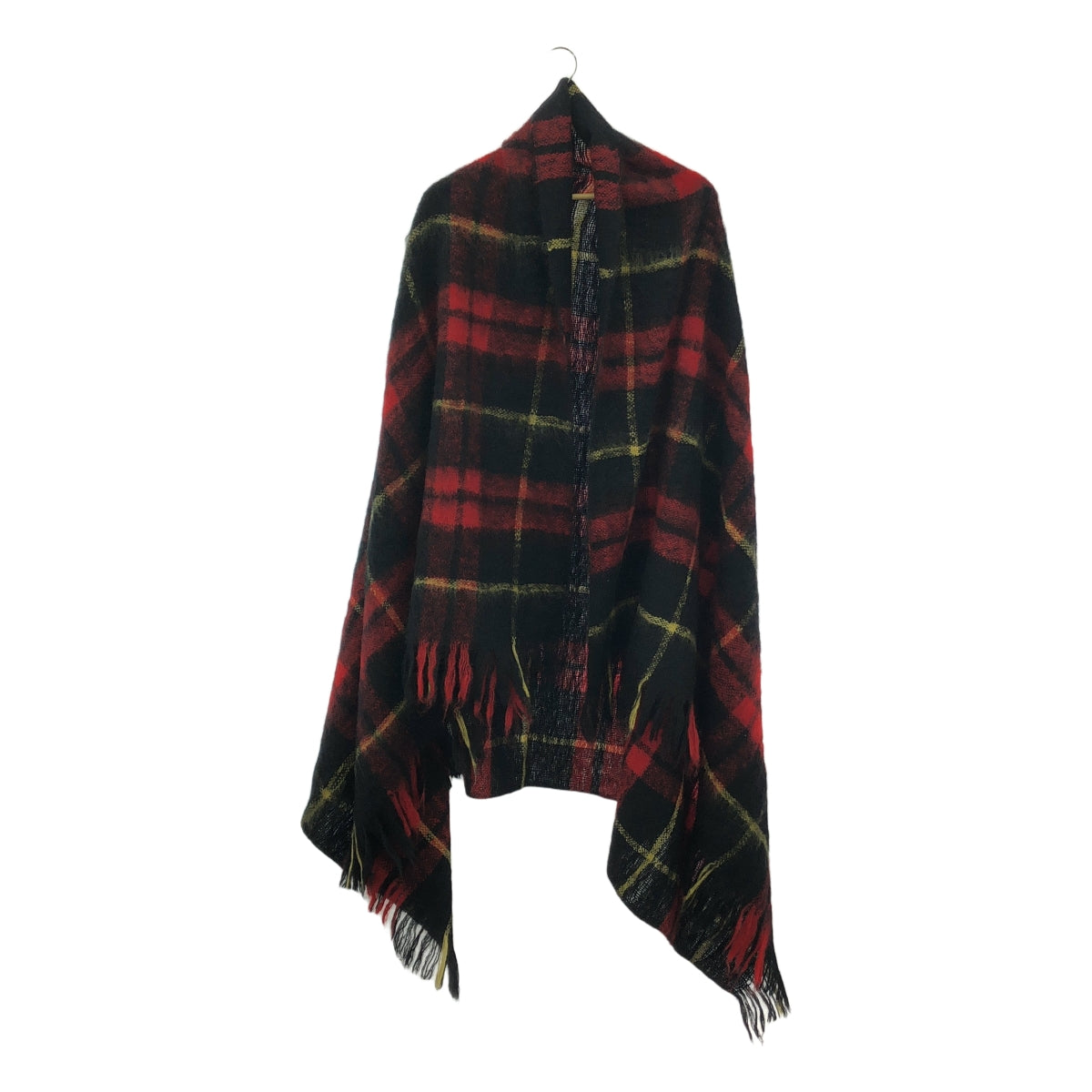 【美品】  JUNYA WATANABE COMME des GARCONS / ジュンヤワタナベ | ウール チェック フリンジ 大判 ストール | レッド/ブラック/イエロー