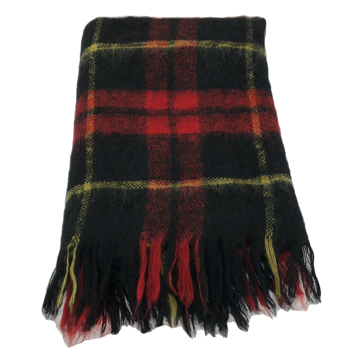 【美品】  JUNYA WATANABE COMME des GARCONS / ジュンヤワタナベ | ウール チェック フリンジ 大判 ストール | レッド/ブラック/イエロー