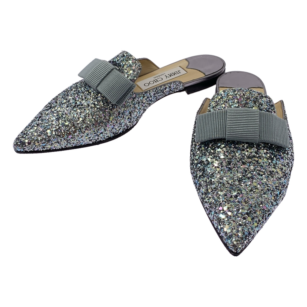 JIMMY CHOO / ジミーチュウ | グリッター リボン ポインテッドトゥ ミュール サンダル | 35 1/2 | レディース