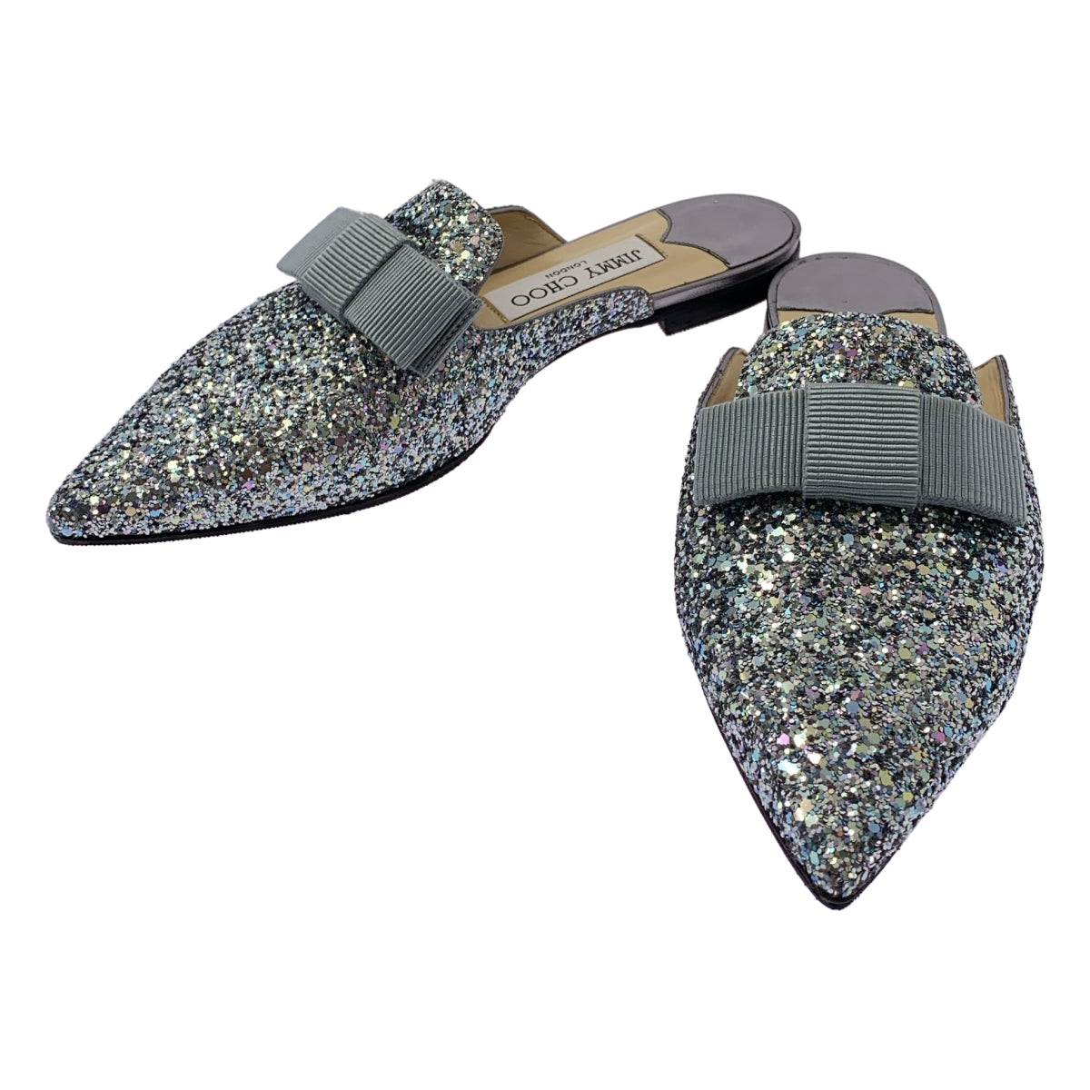 JIMMY CHOO / ジミーチュウ | グリッター リボン ポインテッドトゥ ミュール サンダル | 35 1/2 | レディース